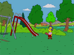 Milhouse from The Simpsons throwing a Frisbee to no one.