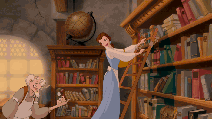 Belle from Beauty and the Beast cartoon movie from Disney, singing, as she slides on a ladder, across the front of a large shelf of books.