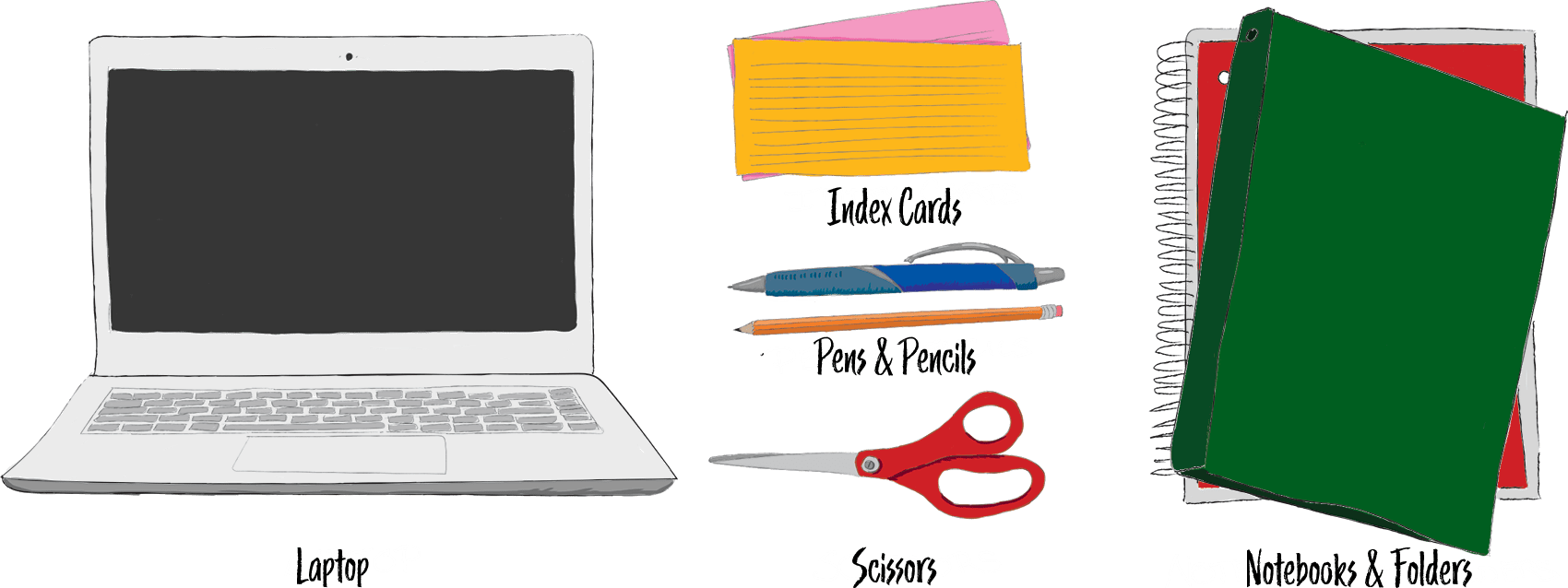 Bring: Laptop computer (recommended but not required) - A few notebooks and folders - Planner - Index cards - Pens/pencils - Scissors 